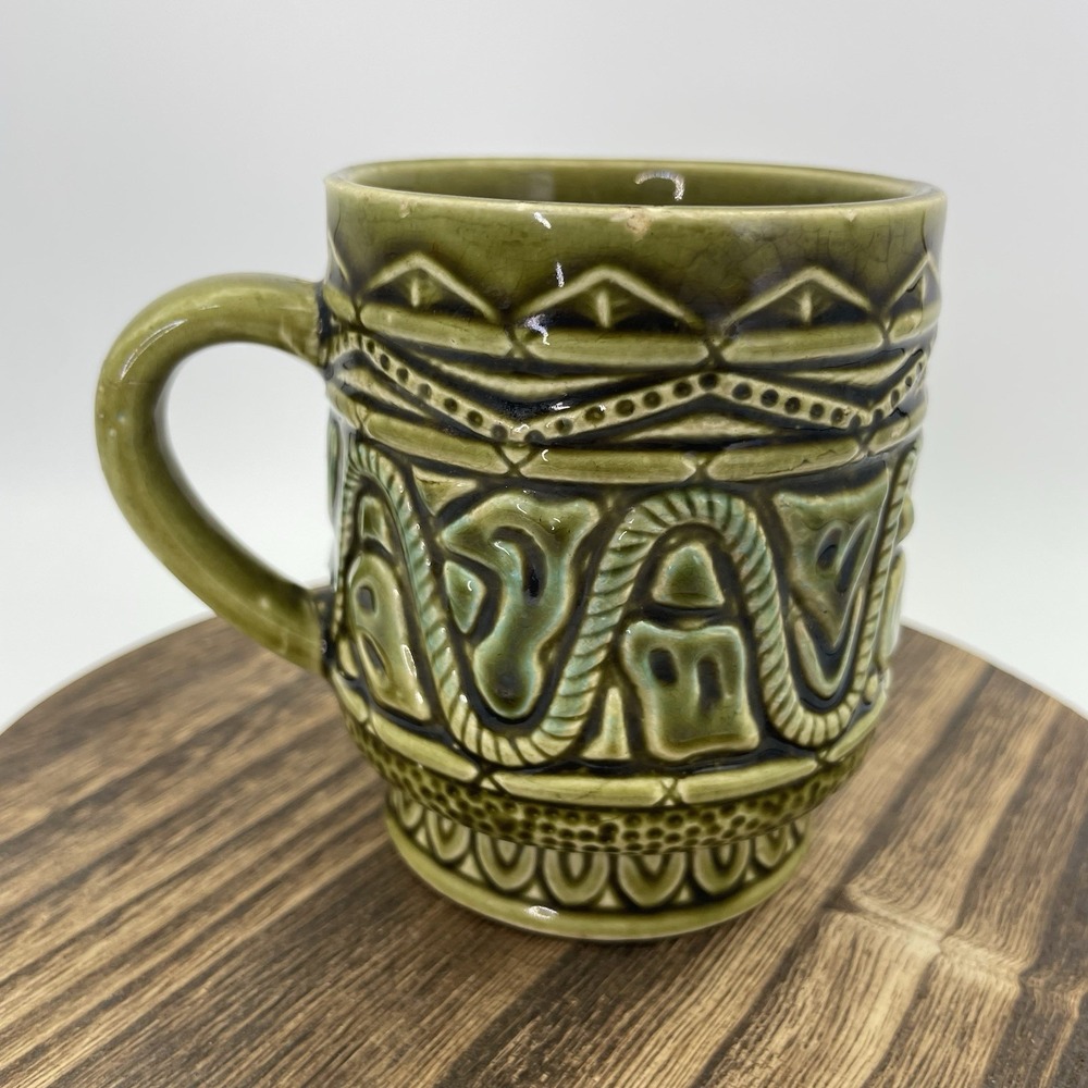 Vintage Tiki Style Green Glazed Coffee Tea Mug Japan Retro Kitchen Barware MCM